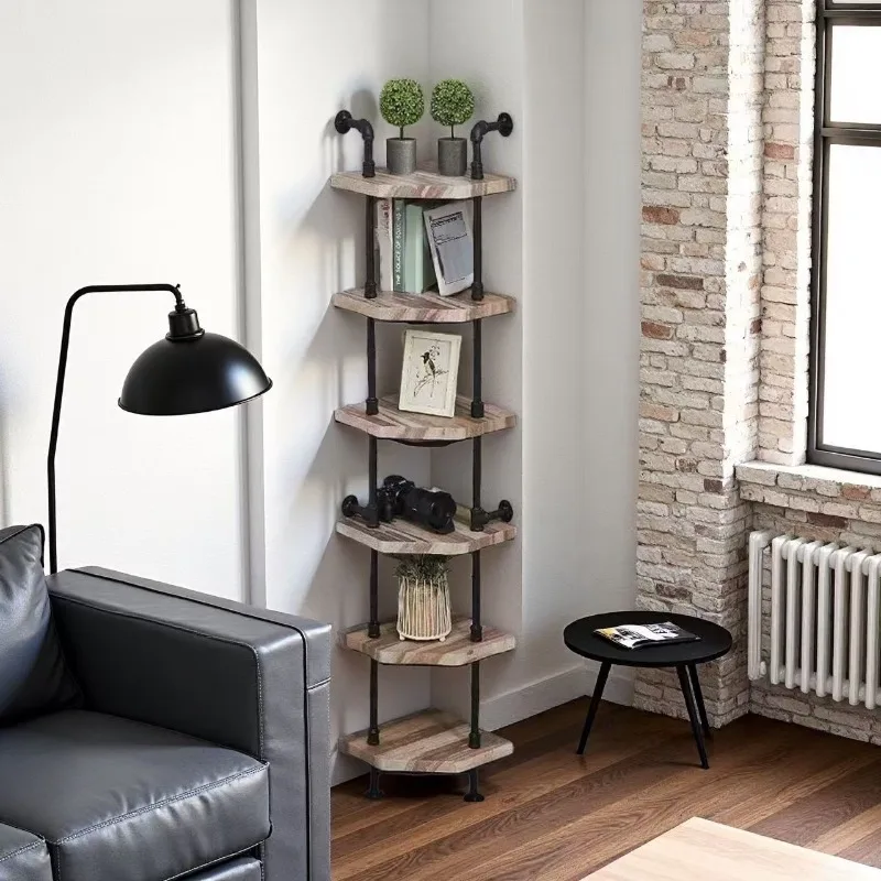 Wrought iron wood triangular shelf, right angle wall  storage multi-layer shelf industrial style