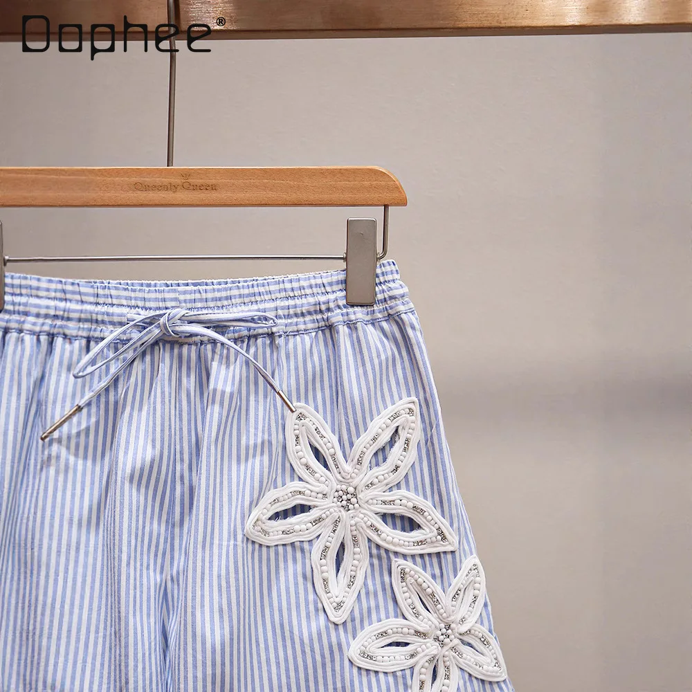 Sommer Retro bestickte Blumenperlen hohle Spitze elastische Taille A-Linie weites Bein Hose koreanische schicke blau-weiß gestreifte Shorts