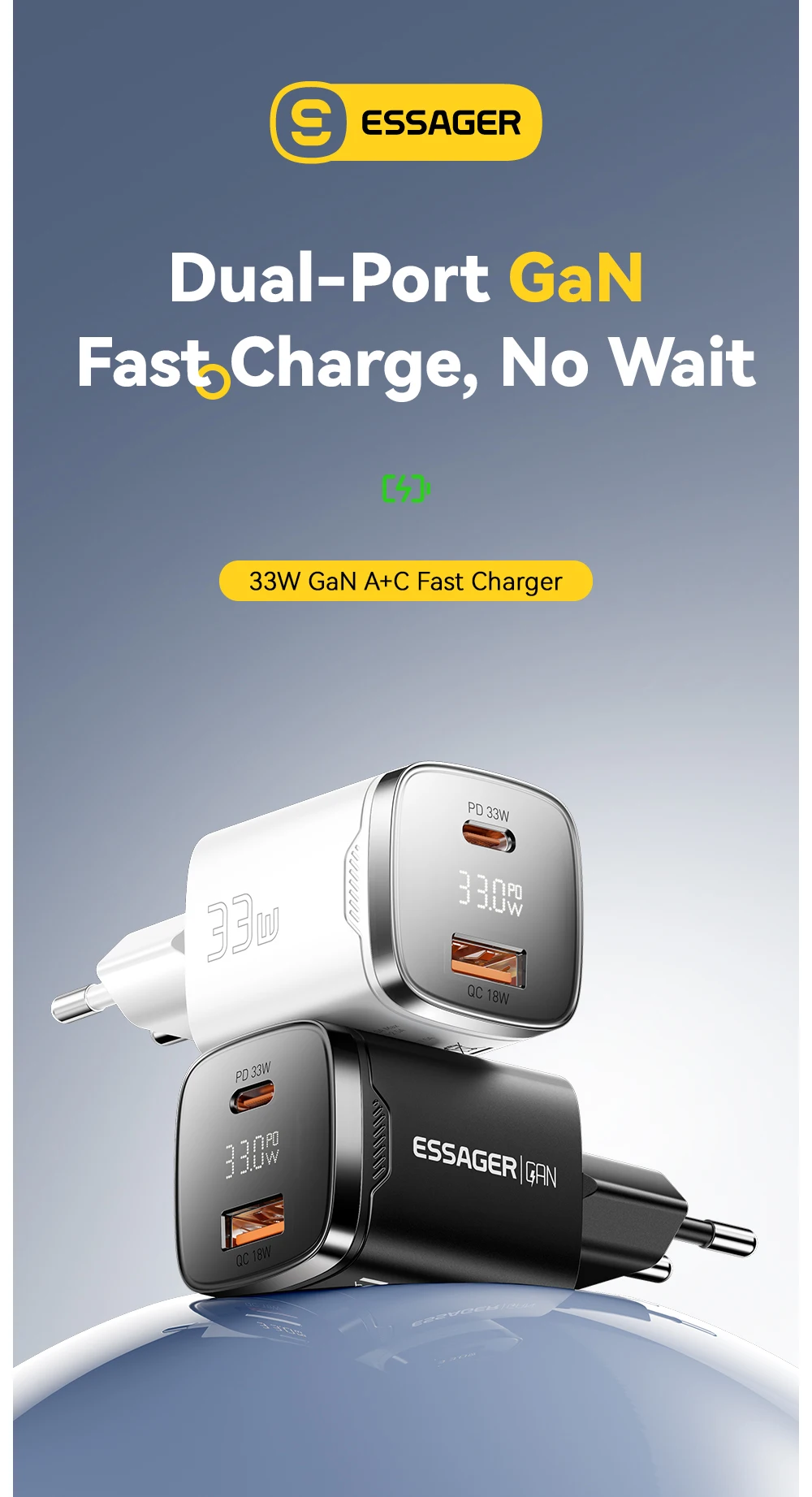 Essager 33W GaN USB Type C Charger Digital Display PD Fast Charging For iPhone 16 15 14 Pro Max iPad Mini 6 Xiaomi Samsung S22