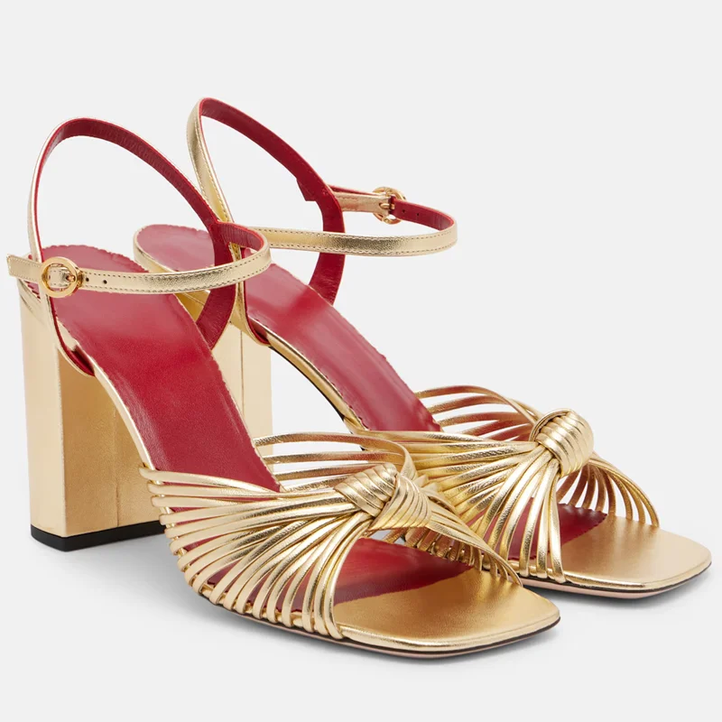 

Gold Narrow Band Leather Sandals Sexy Square Toe Squar Heel Shingback Accept Customized New Arrivals Fashion Women Modern Shoes