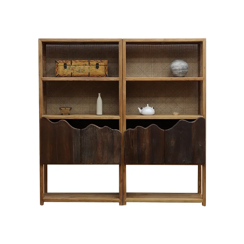 

Wabi Sandy Wind Solid Wood Bogu Shelf Living Room Bookcase Rattan Home Floor Bookshelf B & B Elm Display
