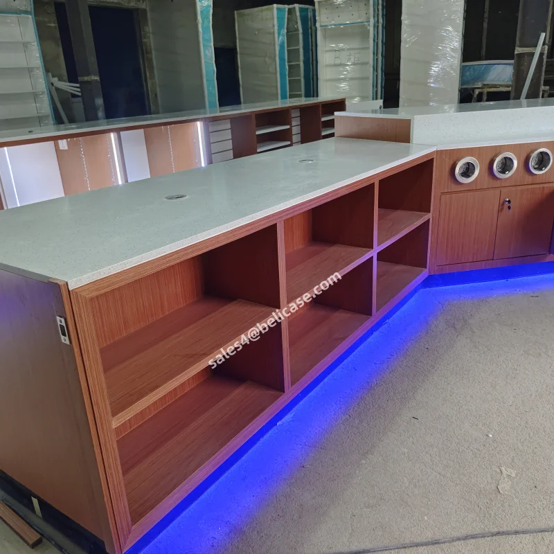 2025customized.Retail Store Fixture Design Gas Station Furniture Wall Cabinets Wooden Display Counter Custom Cabinets with Led l