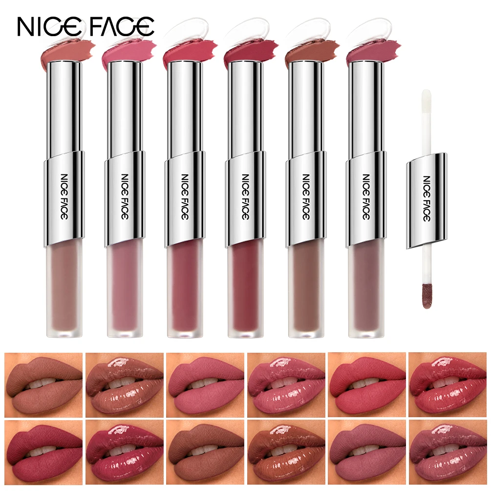 niceface-ダブルヘッド-マットリップグロス＆リップオイル。長持ちし、防水性があり、透明感のある仕上がりのリップティント。保湿効果とふっくらとした唇を演出するリップバーム。