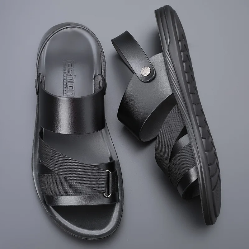 Luxury Men\'s Sandals Open Toe Slippers Fashion Brand Mens Leather Sandals Cross-tied Men\'s Sandals Slippers Beach Male Footwear