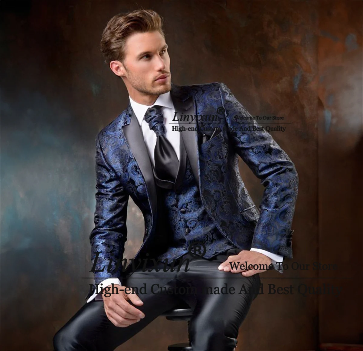 Fashion Floral Wedding Suits For Men 3 Pieces Sets Groom Tuxedos Peaked Lapel Male Prom Blazers Outfits Slim Fit Costume Homme