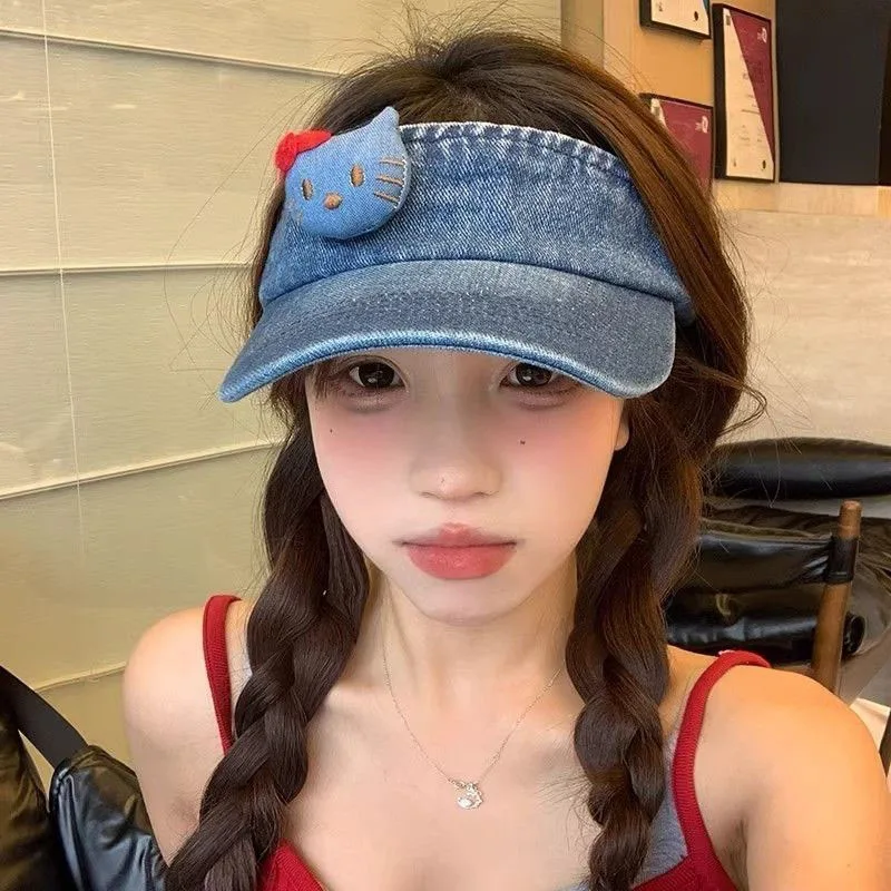 Cute Hello Kitty Denim Sun Visor Hat Empty Top Wide Brim Cap Adjustable Summer Outdoor Sports Visor Perfect Gifts for Girls Fans