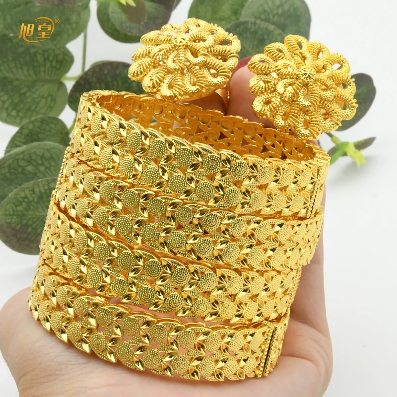 XUHUANG Dubai Wholesale Gold Color Bangle With Ring African Wedding Party Bracelet Jewelry Gift Hawaiian Arab Charm Bangle