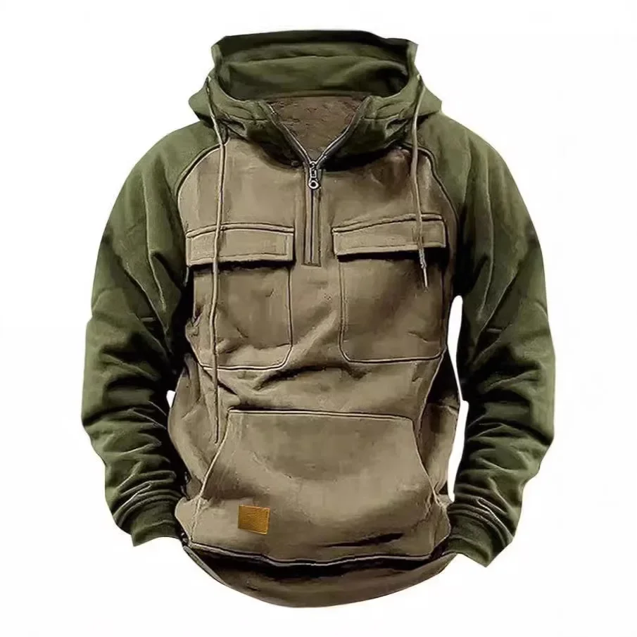 ربيع الخريف الرجال البلوز نصف سستة عمال الرياضة متعددة جيب مقنعين عارضة فضفاضة تناسب الملابس العلامة التجارية الصينية #1