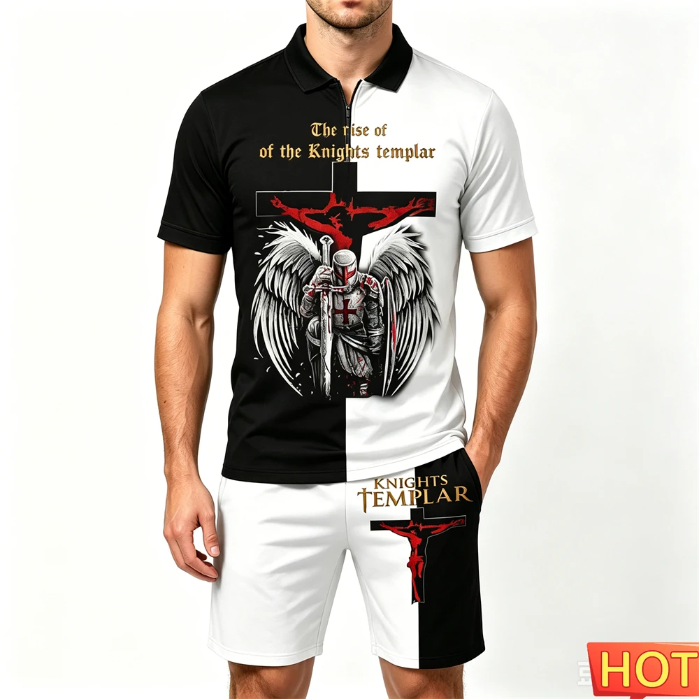 Summer Men's Sets Crusader Knights Print Zip Polo Shirt and Shorts 2 Piece Street Hip Hop Men's Outfit Casual Short Sleeve Suit view 5