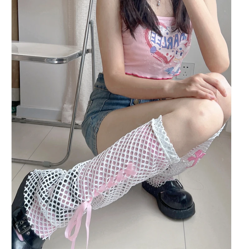 Summer Two-Way Hot Girl Foot Sock Japanese Y2k Lace-up Cutout Wide Leg Sun Protection Fishnet Protector Girl's Leg Warmers