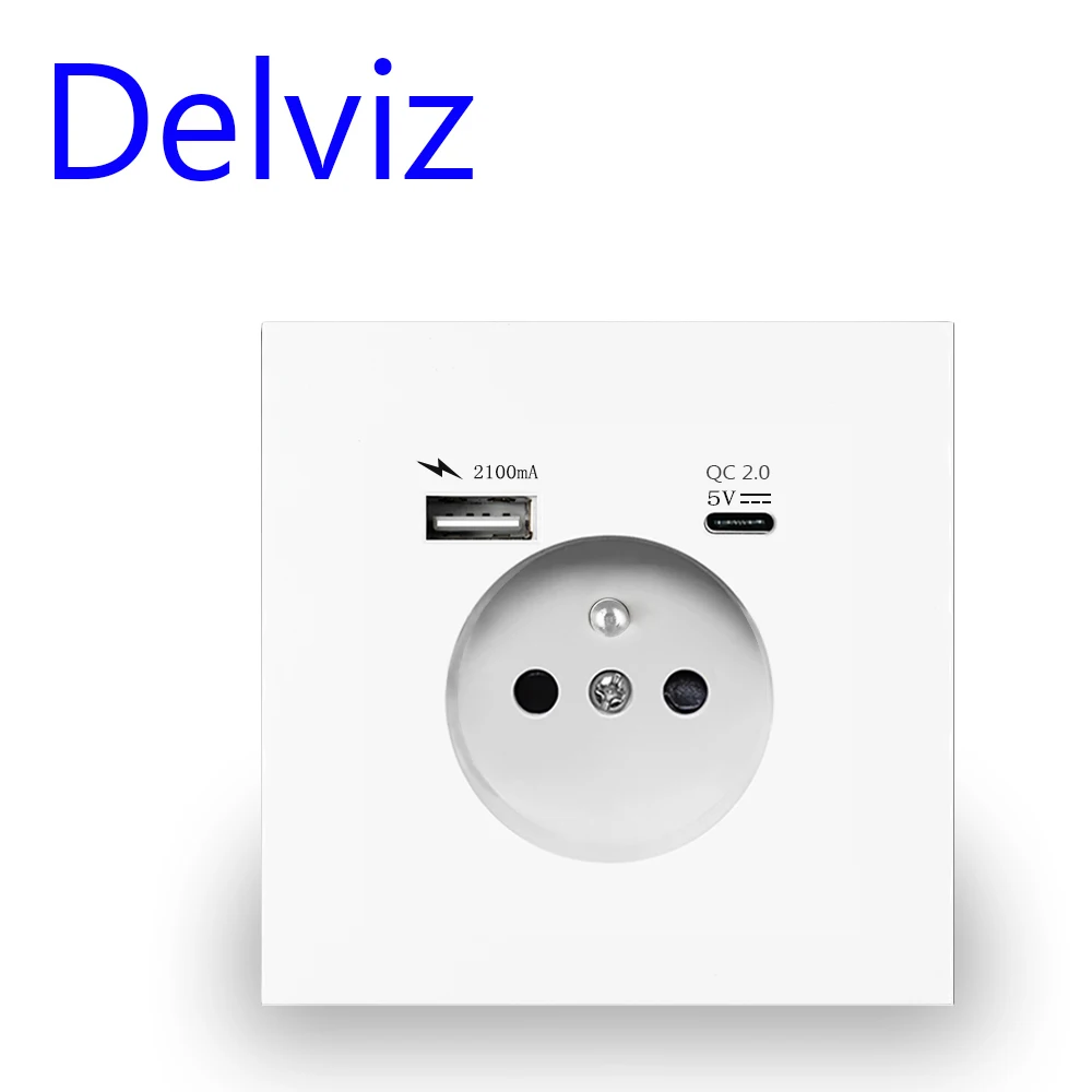Delviz EU French Type Power Socket, AC110-250V, No Logo, 16A Wall Embedded Electric Plug Outlet, Type C Charging USB Wall Socket