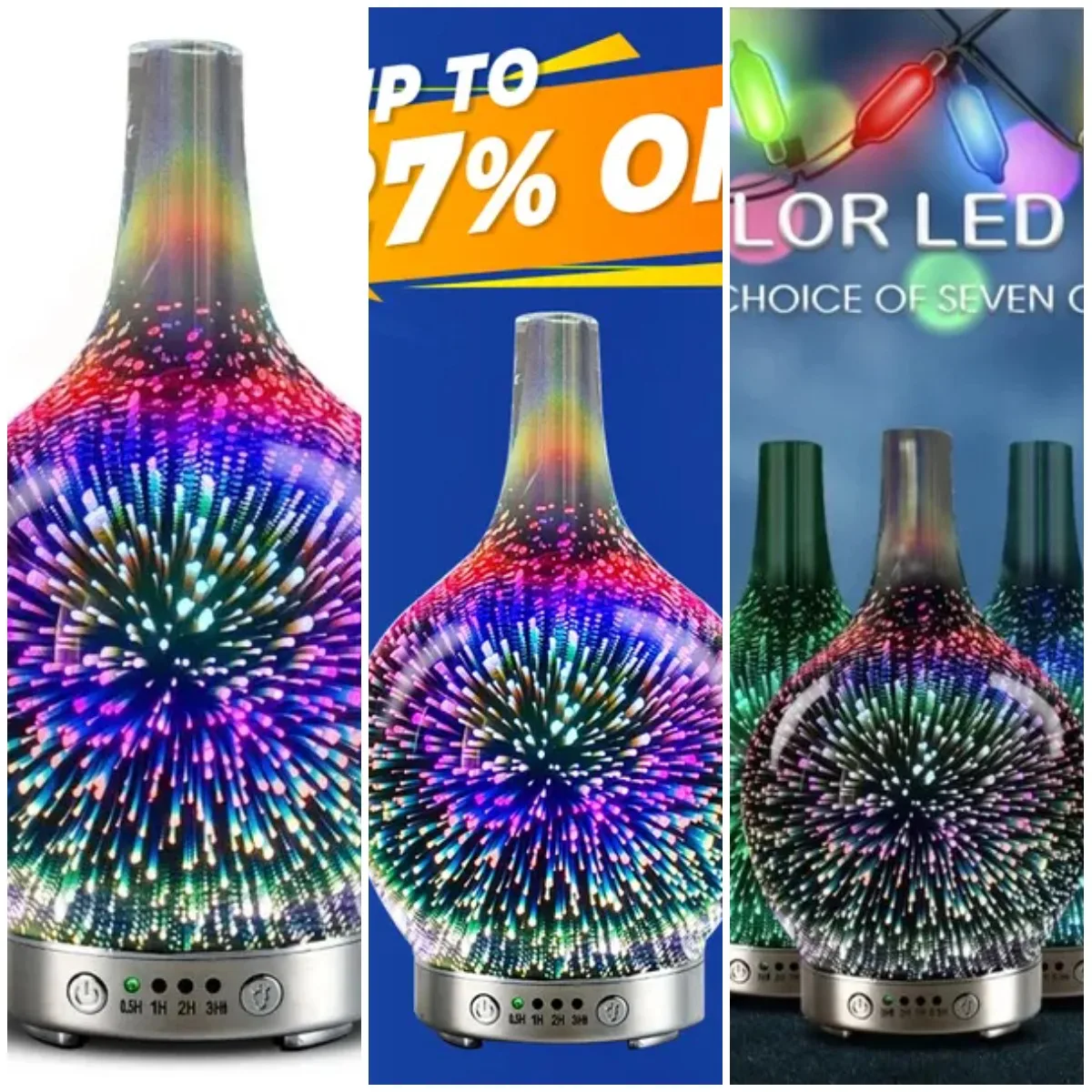 

3D Fireworks Glass Vase Humidifier with 7 Color Led Night Light Aroma Essential Oil Diffuser Cool Mist Maker for Home Office