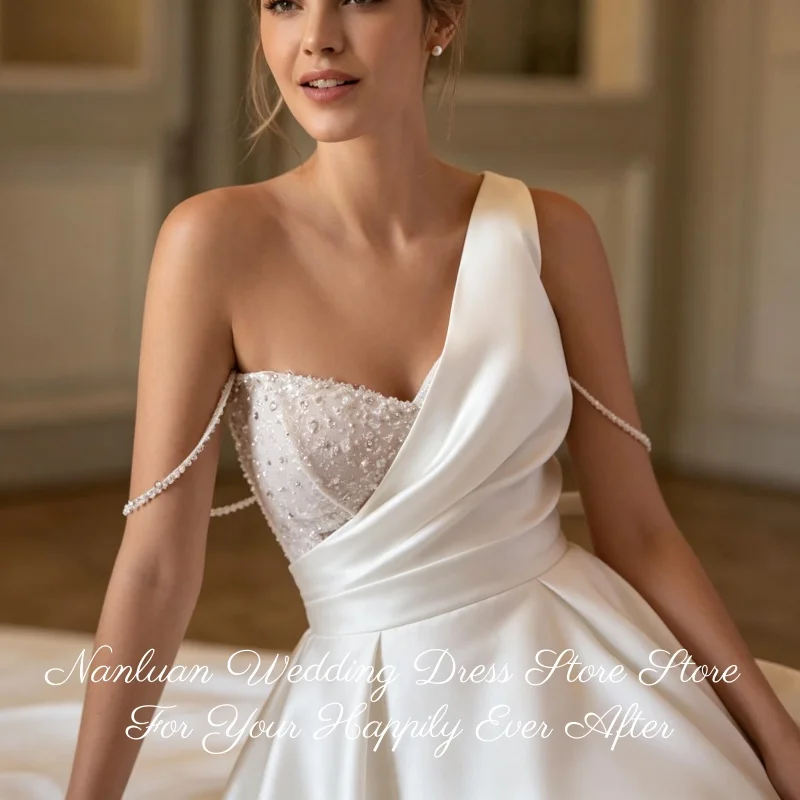 2026 Draped Satin A‑Line Bridal Gown Beaded Lace One Shoulder High Slit Wedding Dress Vestidos de Novia Customized