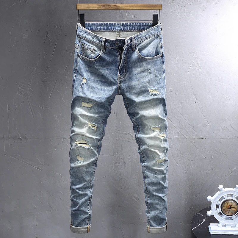 

Korean Style Fashion Men Jeans Retro Light Blue Destroyed Hole Ripped Jeans Men Elastic Slim Fit Vintage Designer Denim Pants