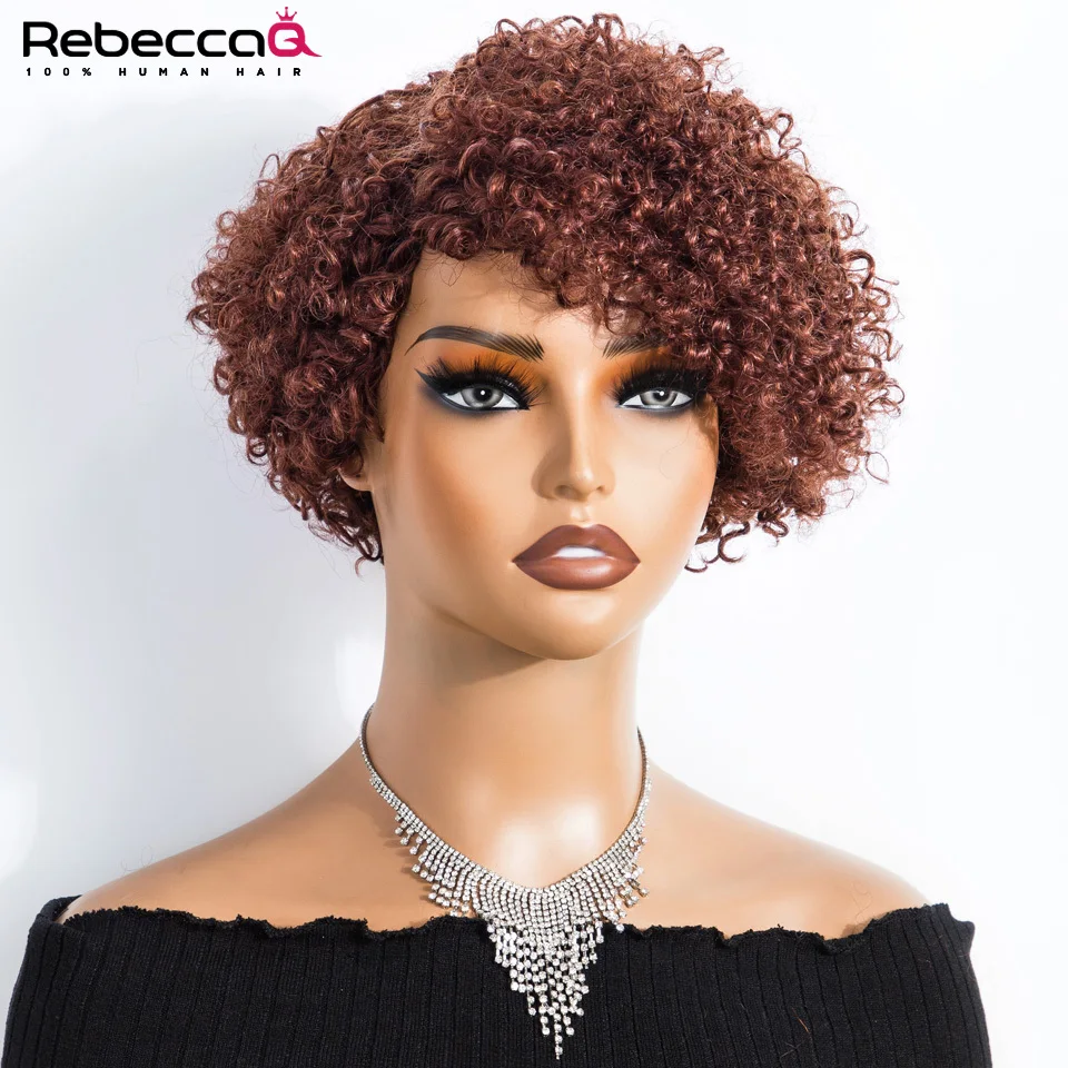 

Reddish Brown Brazilian Curly Human Hair Wigs With Bangs Short Pixie Cut Bob Wig Glueless Curly Wig Full Machine Wigs For Women