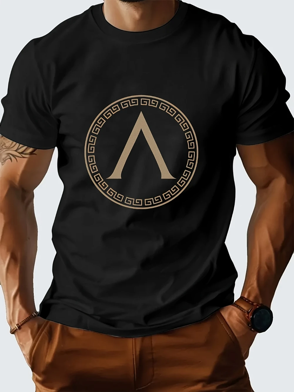 Men's Spartan Lambda Shield Greek Letter T-Shirt Spartan Helmet Lambda Shield Logo Print Men's T-shirts for Summer