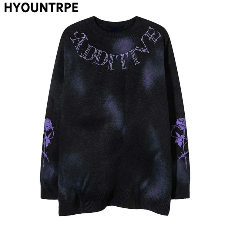 

Hip Hop Knitted Sweater Streetwear Mens Letter Rose Printed Punk Gothic Oversized O-neck Pullover Jumpers Harajuku Loose Tops