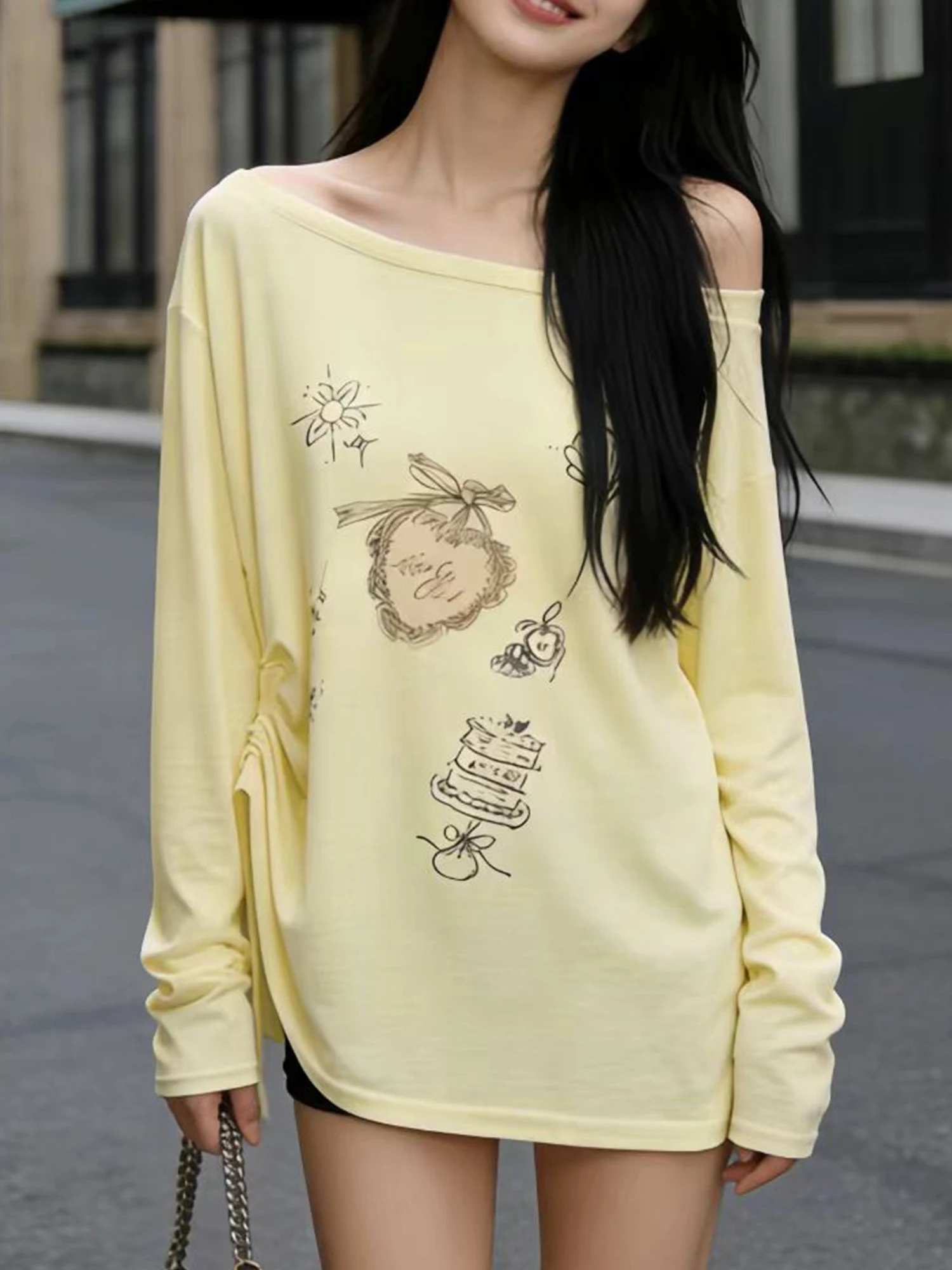

Yellow Floral Print Asymmetrical oulder Long Sve Base Tee Women's Spring New Lazy Sle Unconal Exposure Sun Prot...