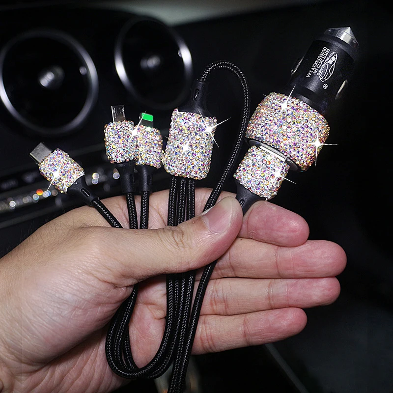 Bling Car Charger Diamond-mounted Car Phone Safety Hammer Charger Dual USB Fast-Charged Diamond Car Phone Aluminum Alloy Charger