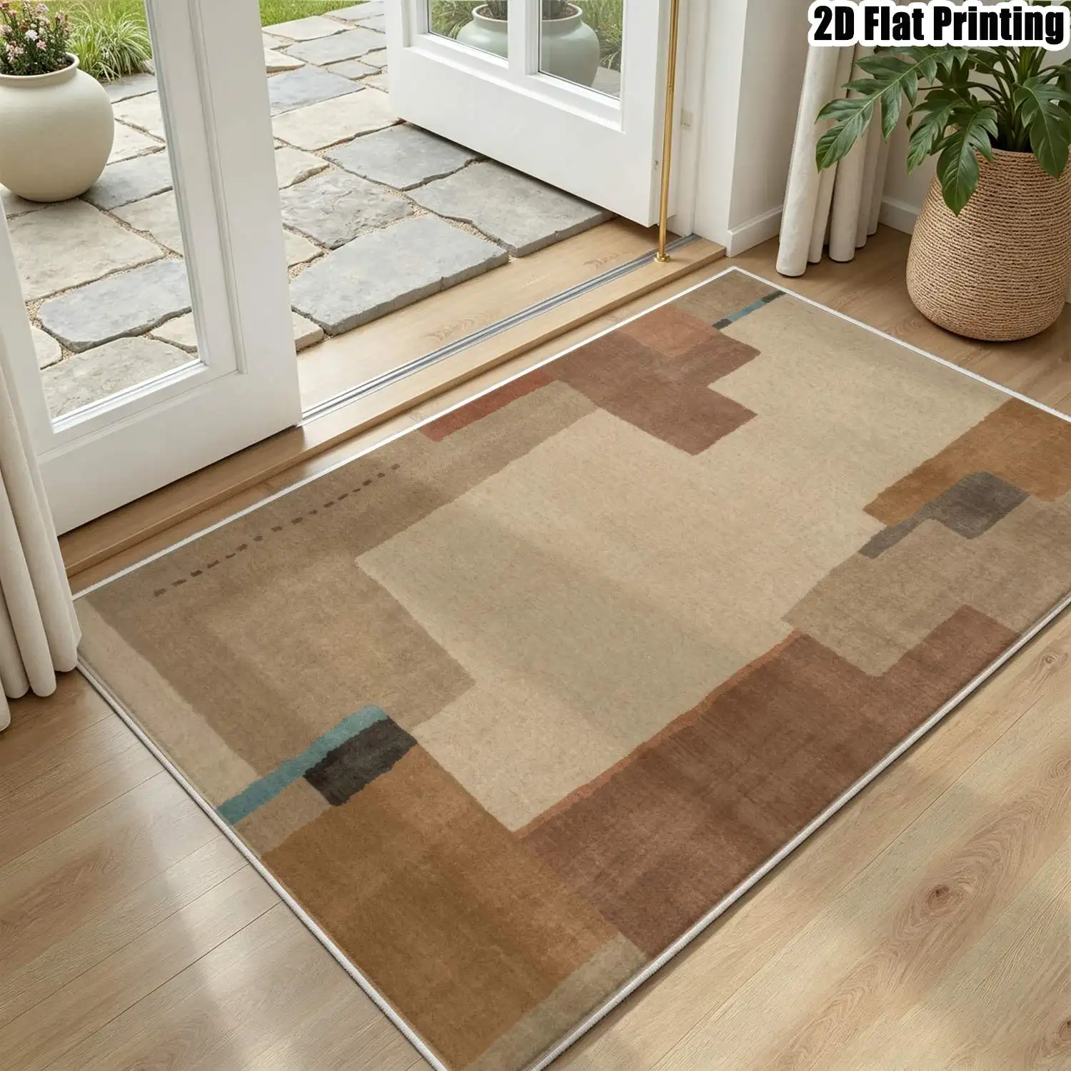 1Pc 2D Printed Velvet Carpet, Beige Geometric Abstract Pattern Nordic/Instagram/Modern Minimalist/European/Vintage Style, Multi-Size, Machine Washable, for Entrance, Dining, Foyer, Bedroom, Living Room Home Decor