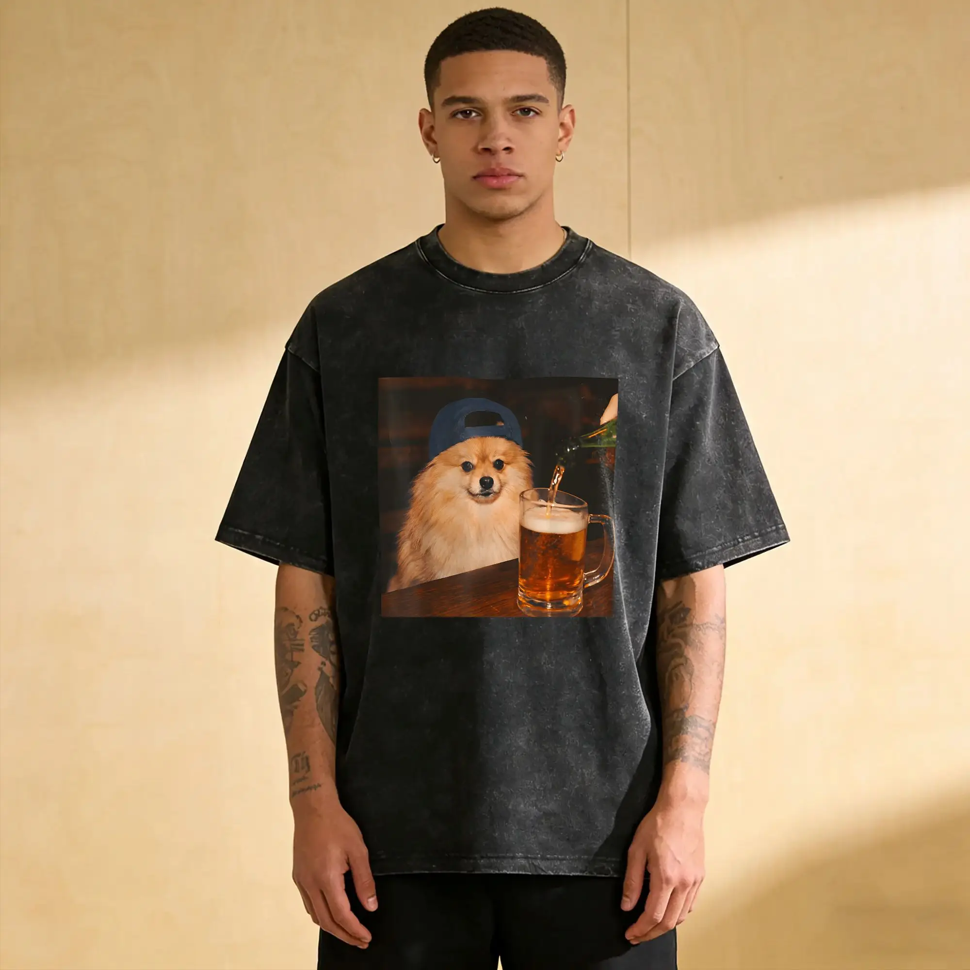 Oversized Washed T Shirt Pomeranian Drinking Beer Loose T-Shirts  Popular Tshirt for Male Summer Y2K Fun Print Top Tees