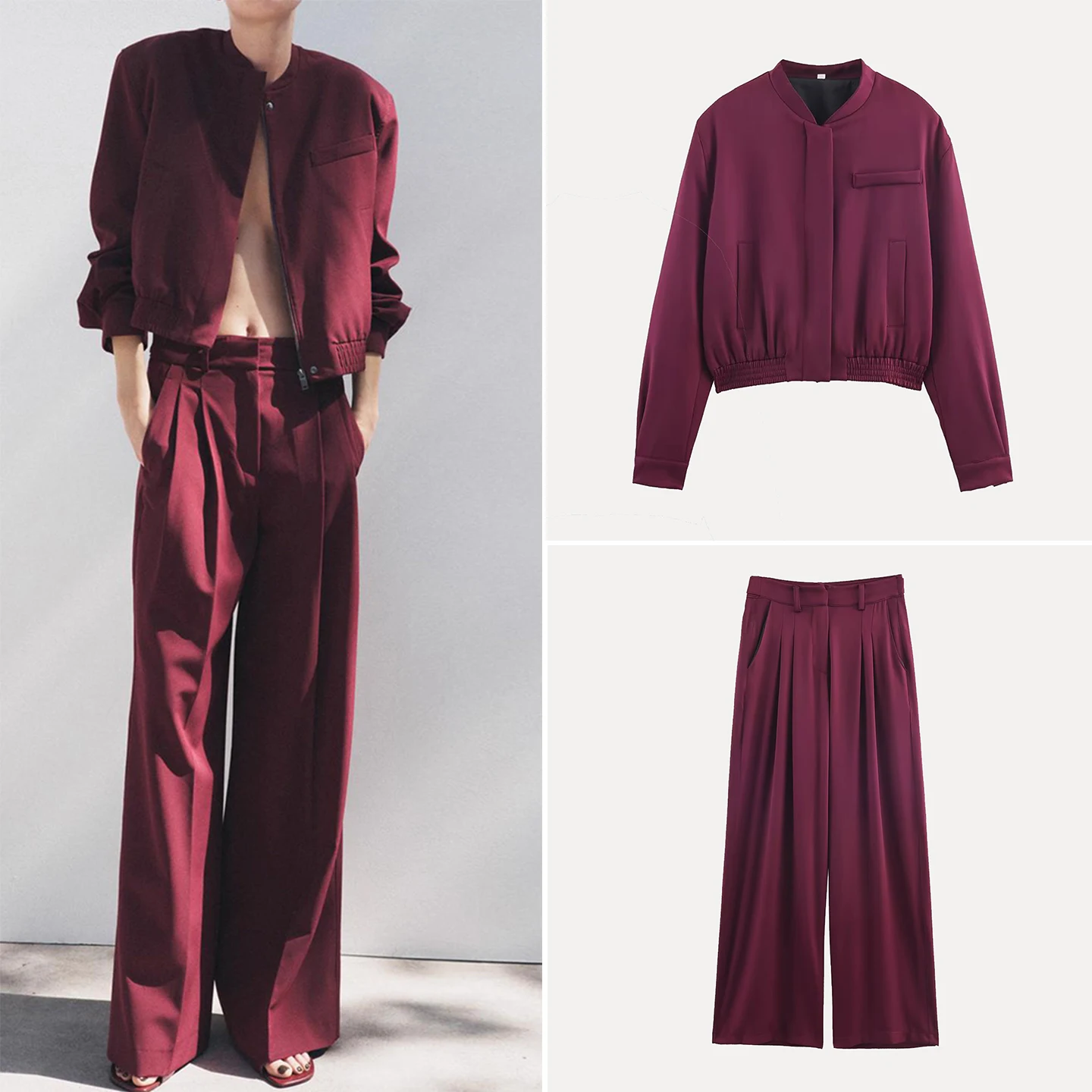 Women's Faion Jaet Coat High Waist Wide Leg Pants Two Piece Set Z Brand Pure Color Long Sve Zipper Closure