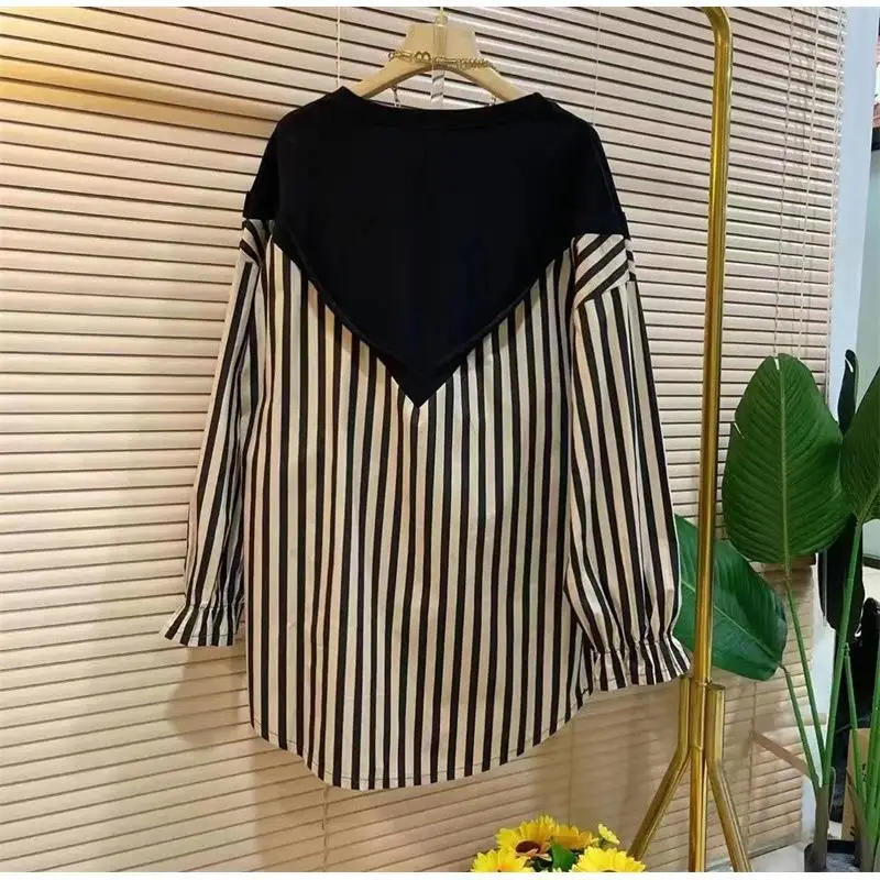 Korean Striped Spliced Casual Shirt Spring Autumn Commute Round Neck Button Female Clothing Loose Stylish Long Sleeve Blouse New