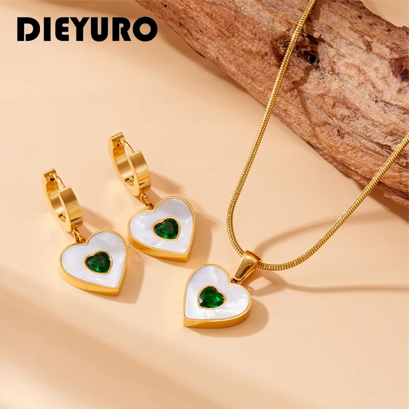 DIEYURO 316L Stainless Steel Witte Heart Gezet In Groene Liefde Pendant Necklace Oorbel For Women New Trend Chain Jewelry Gifts