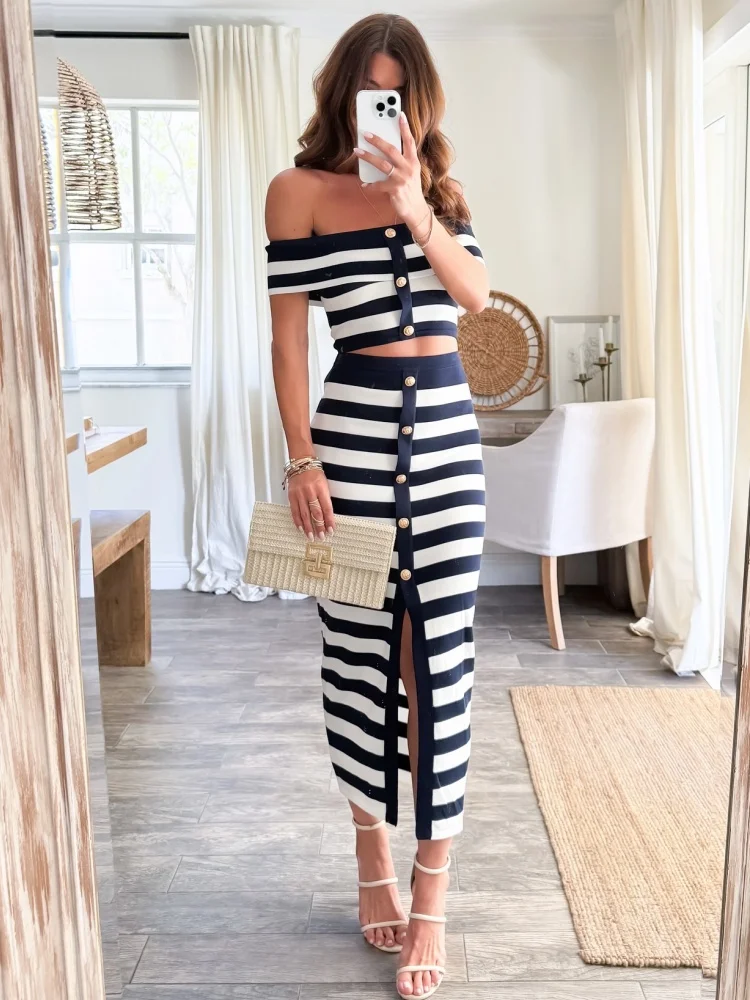 

Chic Two-Piece Set Black & White Striped Button-Down Midi Skirt Set Summer Nights Out Dinner Dates Dresses