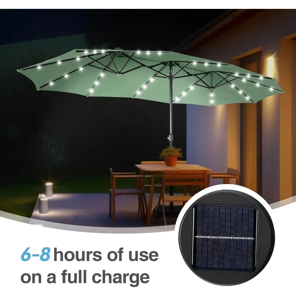 Large Patio Umbrella, 15ft with Solar Lights and Base, Crank, for Pool Deck Garden Backyard, Square Outdoor Shade Umbrella