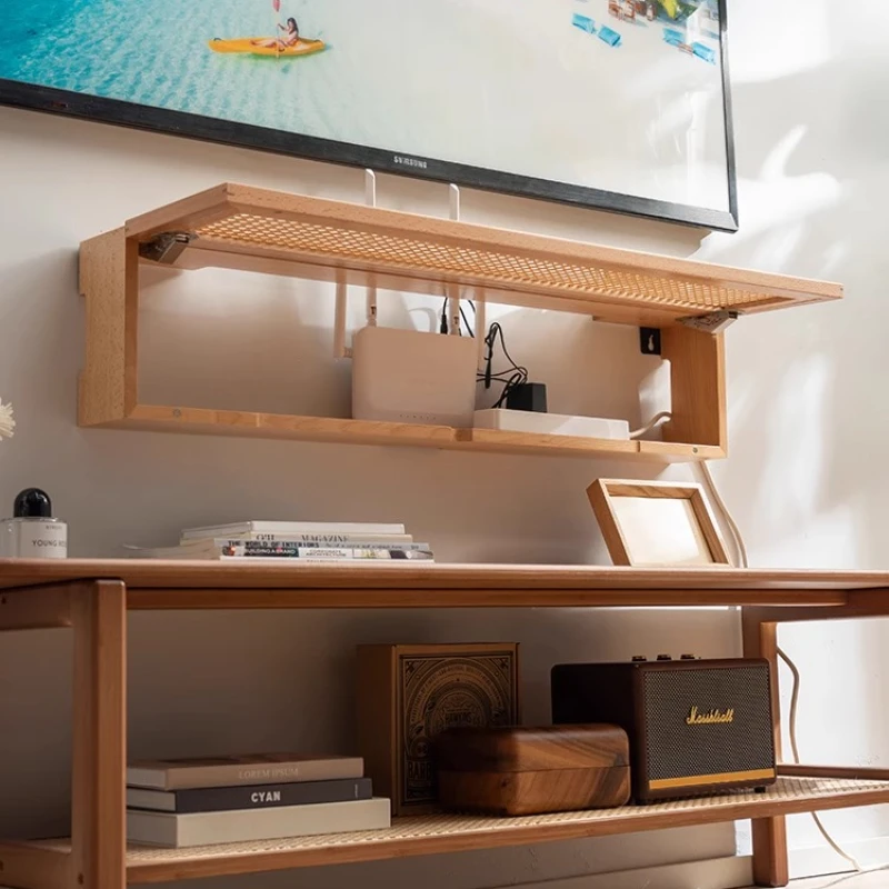

Woven Rattan Router Organizer Box Solid Wood Cable Management WiFi Modem and Power Strip Occlusion Living Room Storage Solution