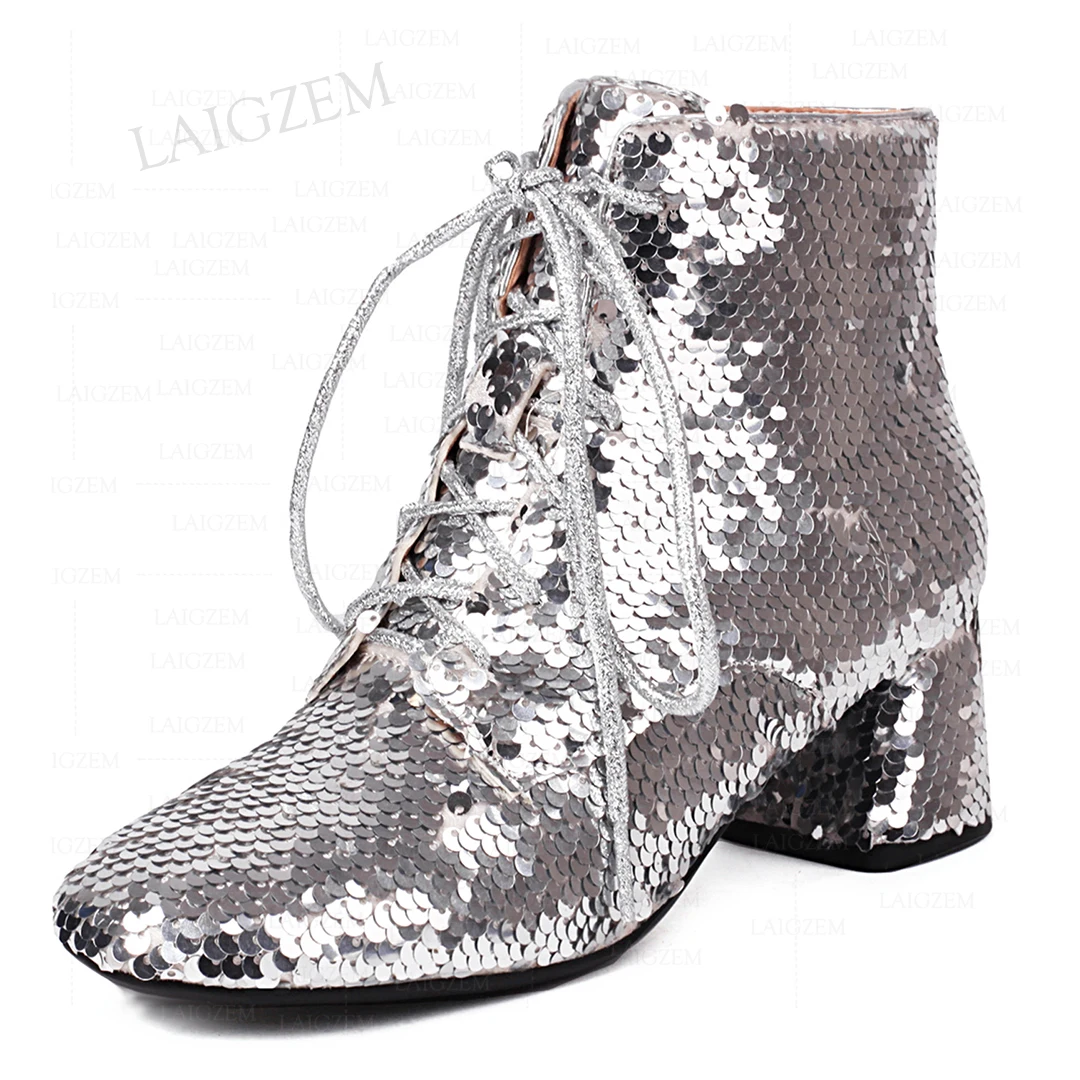 LAIGZEM Women Ankle Boots  Glitter 6CM Square Heels Side Zip Up Short Booties Show Ladies Shoes Woman Large Size 33 41 45 47 48