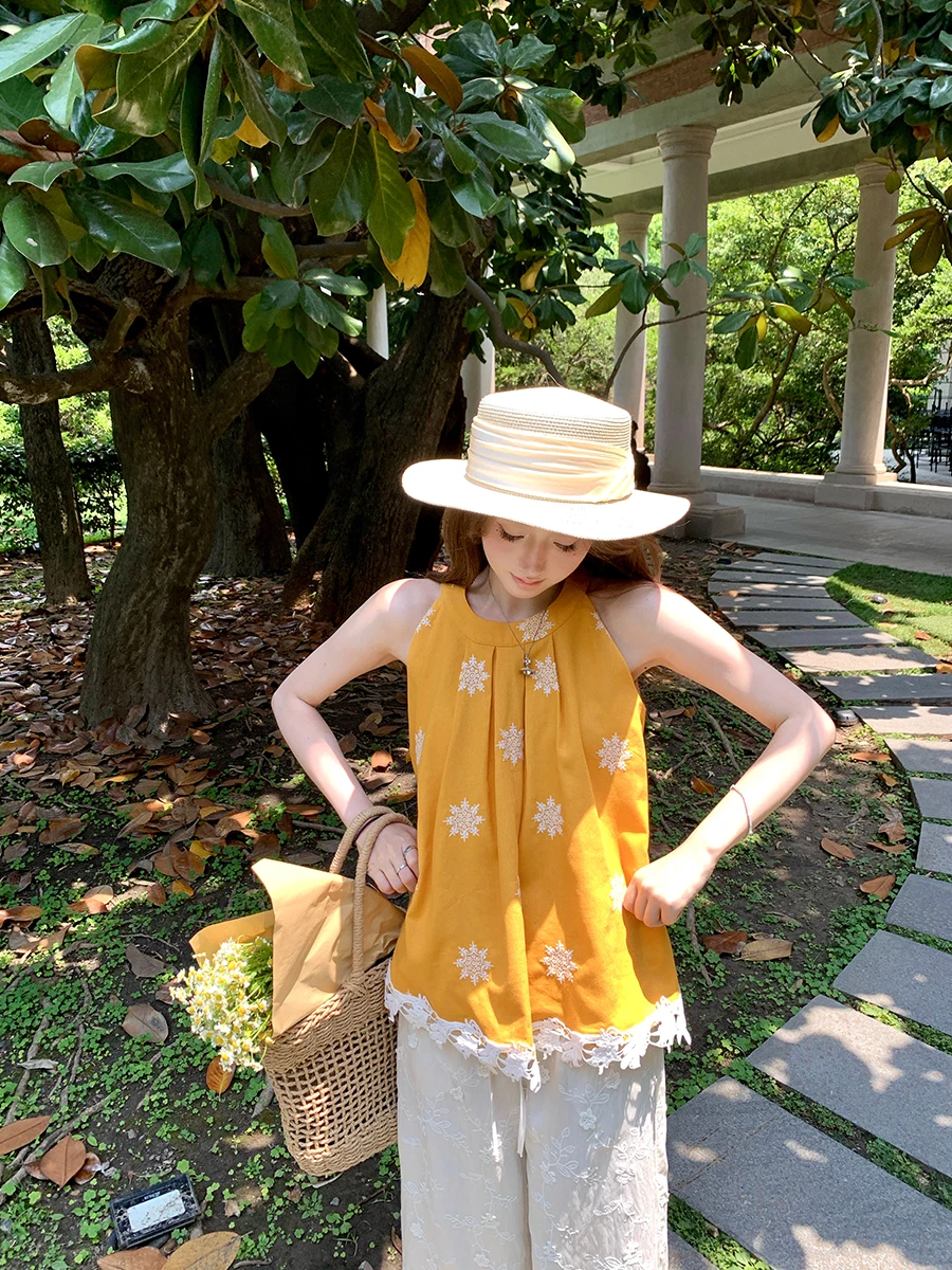 

Bali Holiday Ay Snow Yellow Embroidered Ne Hanging Svel Top Breathable Lace Trim Ele Sle Loose Fit ort Length