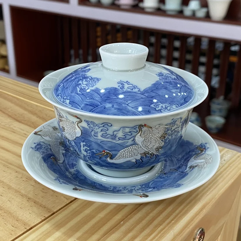 Handmade Jingdezhen Antique Mud White Crane Cover Teacup Ceramic Large Single Tea Making Device Household Three-Talent Bowl