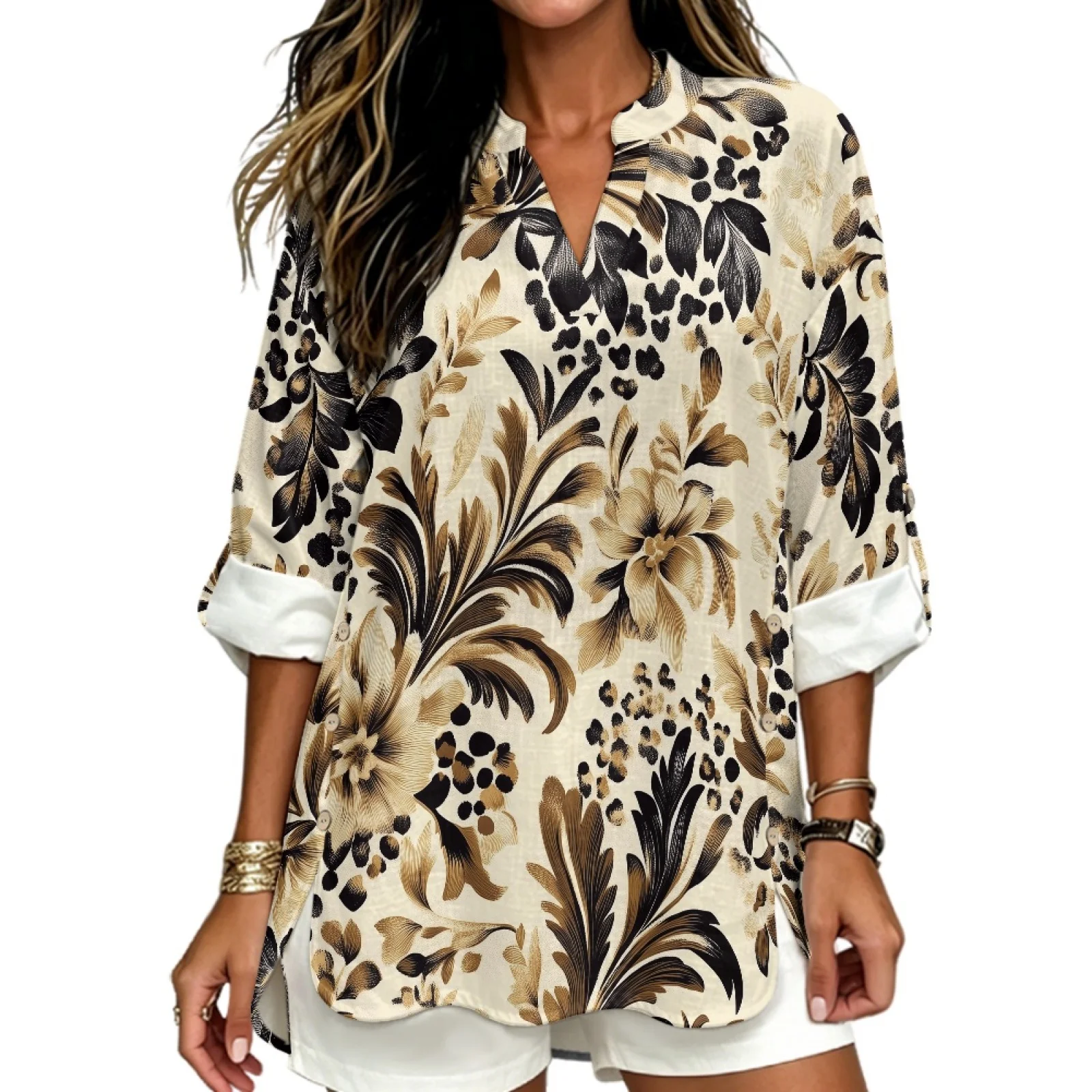 PENSTROLL Roll up Linen Like Women's Loose Fit Tops Breathable Loose Fit Blouses for Business Botanical Leopard