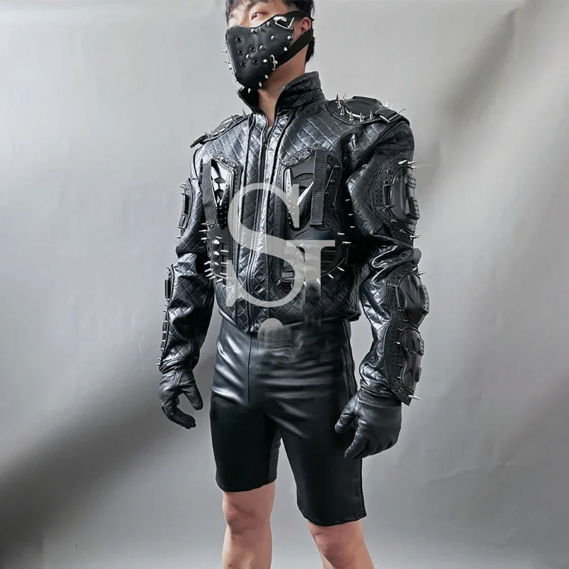 Bar Nightclub Bar Dj Ds Gogo Costume Punk Style Rivet Black PU Jacket Shorts Men Pole Dance Clothing Stage Rave Outfit XS5570