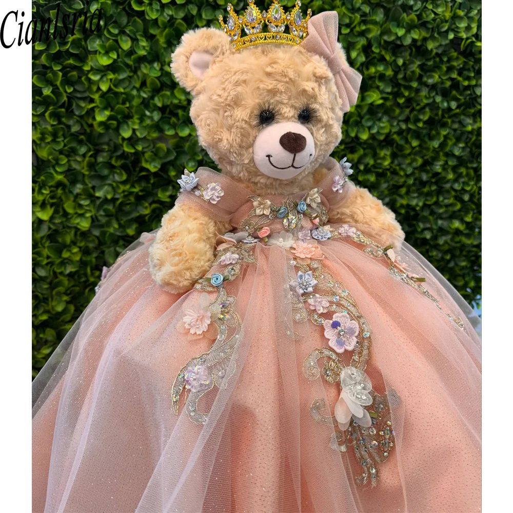 Pink Personalized Quinceanera Teddy Bear Dress Beaded Appliques Ruffles Robe Customized