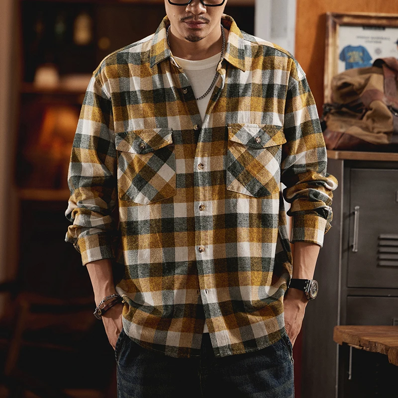 Spring and Autumn's new pure cotton American retro checkered long-sleeved shirt, men's loose shirt, plus-size light jacket