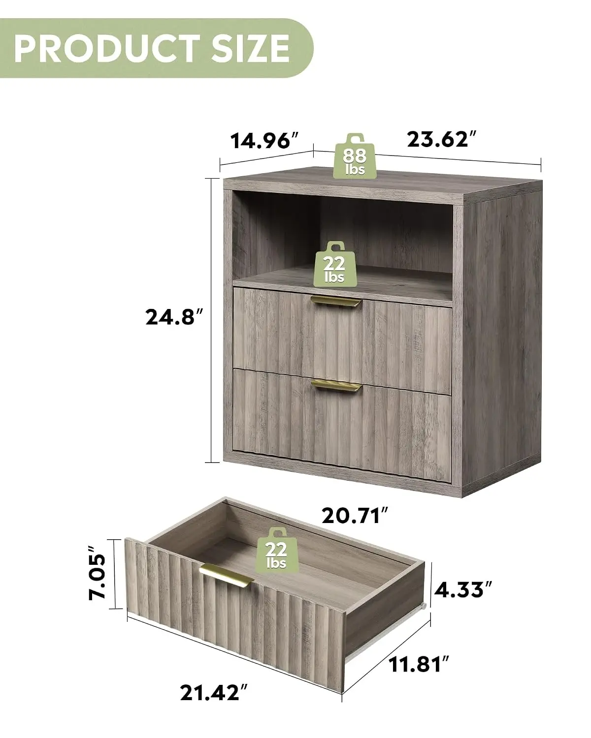 Wood Night Stand, Fluted Nightstands Sets of 2 with Drawers, Greige | Farmhouse Night Stand Set 2 with Open Shelf,, Customized