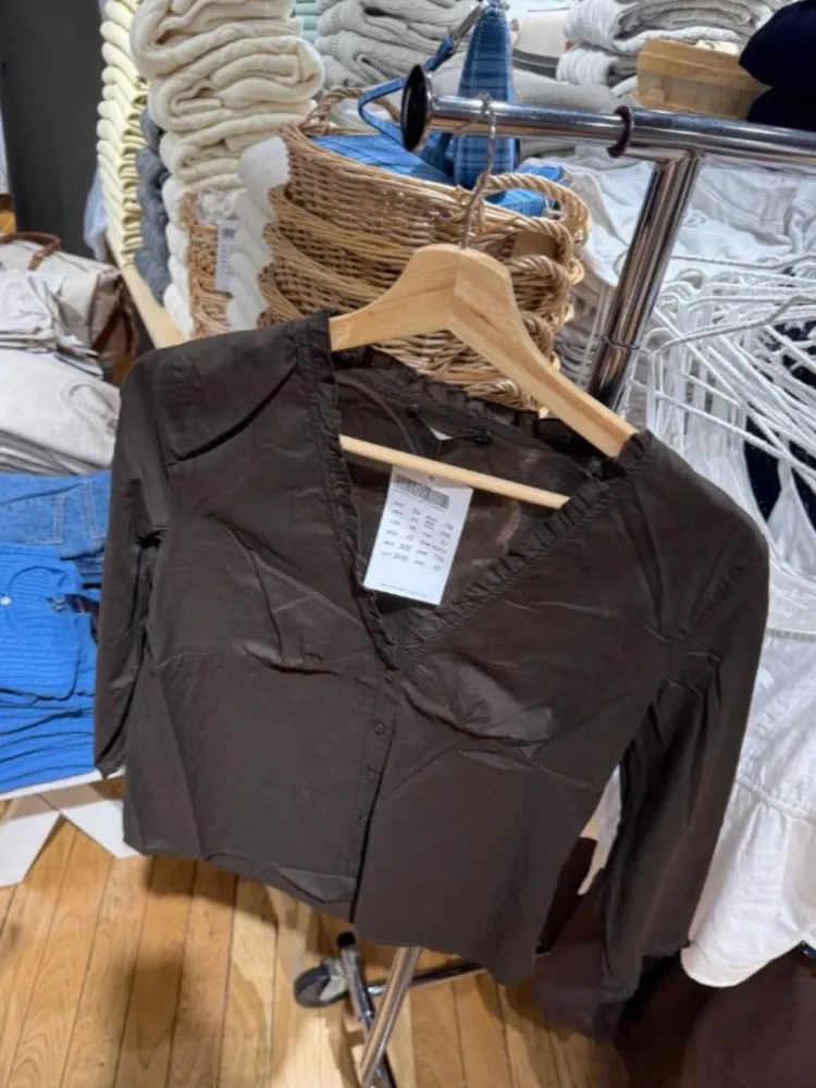 

Милая коричневая однобортная футболка с оборками, блузка, женские летние футболки с v-образным вырезом и рукавами с вырезом, простые универсальные тонкие футболки, новинка