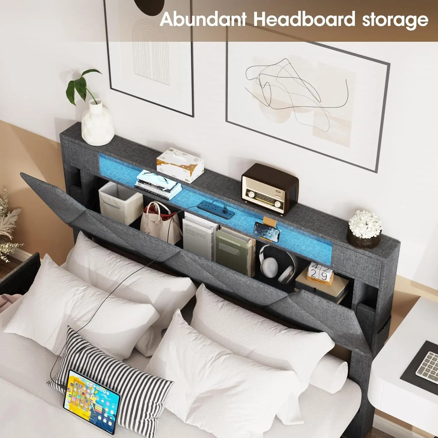 Rangka tempat tidur dengan Headboard penyimpanan dan 4 laci, Platform berlapis kain dengan stasiun pengisian dan lampu Led, Headboard dapat disesuaikan