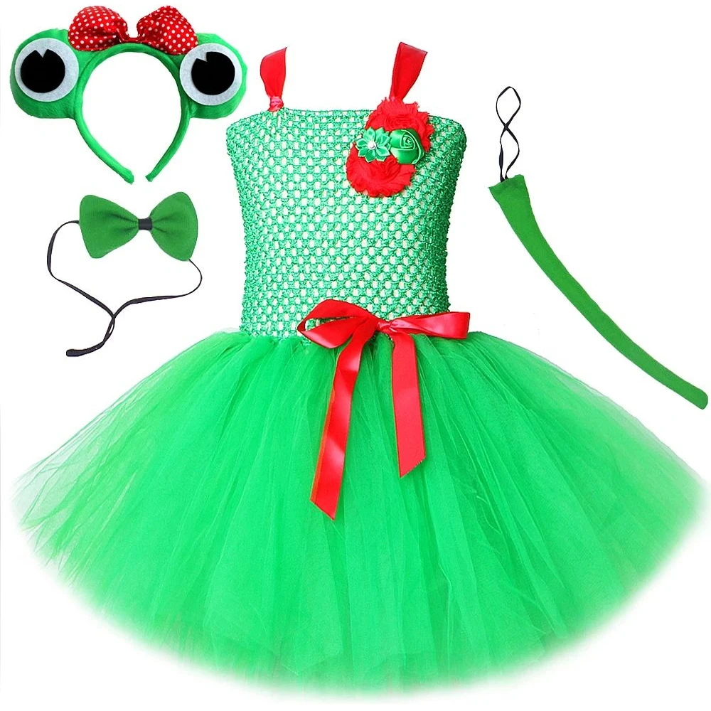 Green Frog Costume for Baby Girls Halloween Animal Dresses for Kids Christmas Birthday Ballet Tutus Outfit with Ears BowTie Tail
