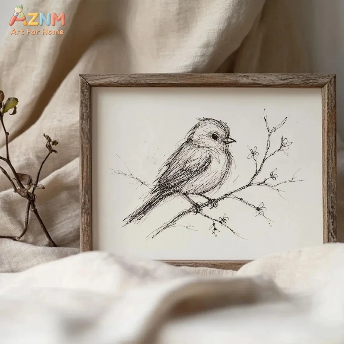AZNM Minimalist Bird Sketch Canvas Print, Vintage Sparrow on Branch Line Drawing Unframed Canvas Painting, Neutral Farmhouse Wal