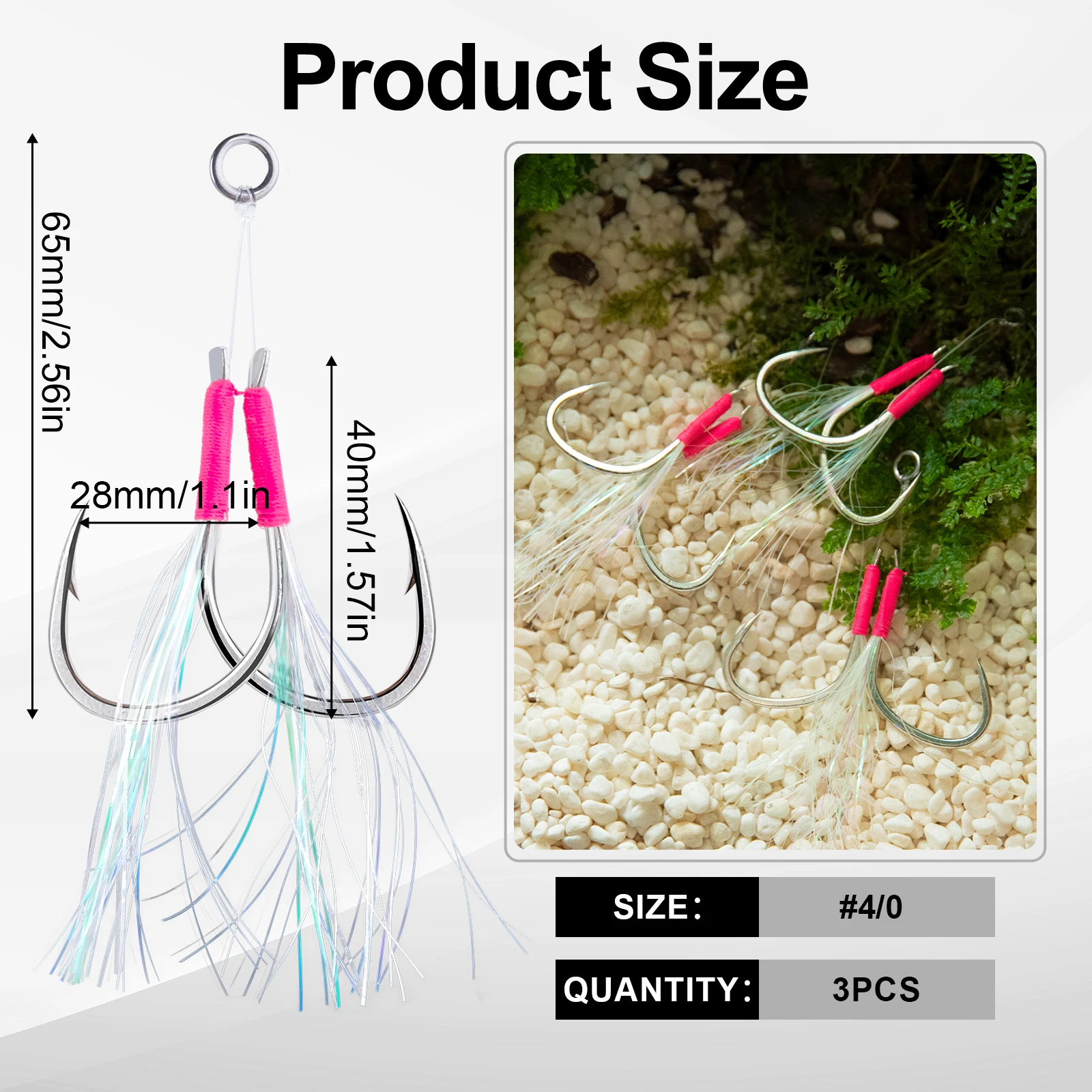 Goture 3/5PCS Fishing Assist Hooks #4/0 Double Barbed Hooks with Luminous Tinsel for Saltwater Vertical Jigging Big Game Fishing