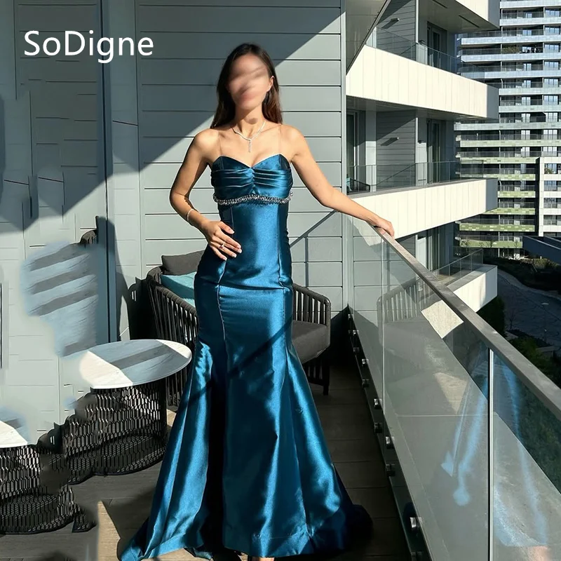 

SoDigne Mermaid Satin Evening Dresses Blue Luxury Pleated Party Dress Charming Sweetheart Cocktail Gowns Customized