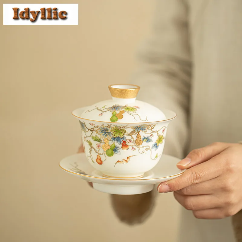 

200ml Sheep Fat Jade Gourd Gold Drawing Gaiwan Retro Tea Tureen Tea Bowl With Lid Kit Tea Brewing Cover Bowl Teaset Collection