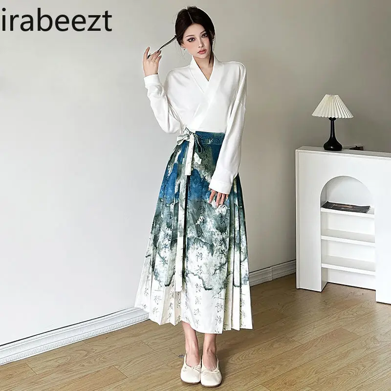 New Improved Version of Tie Dye Printed Vintage Skirt Cross V-neck Lace-up Shirt Set Women Chinese Style Clothes Women