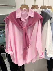 Pink Shirt With Shawl 2024 New Spring Long Sleeve Solid Color Loose Shirt Knitted Shawl 2Pcs Set Casual Female Blouses