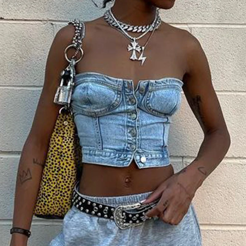 Women\'s Button Down Denim Bustier Crop Top Strapless Jeans Corset Top Backles Push Up Tank Tops Vintage Harajuku Streetwear