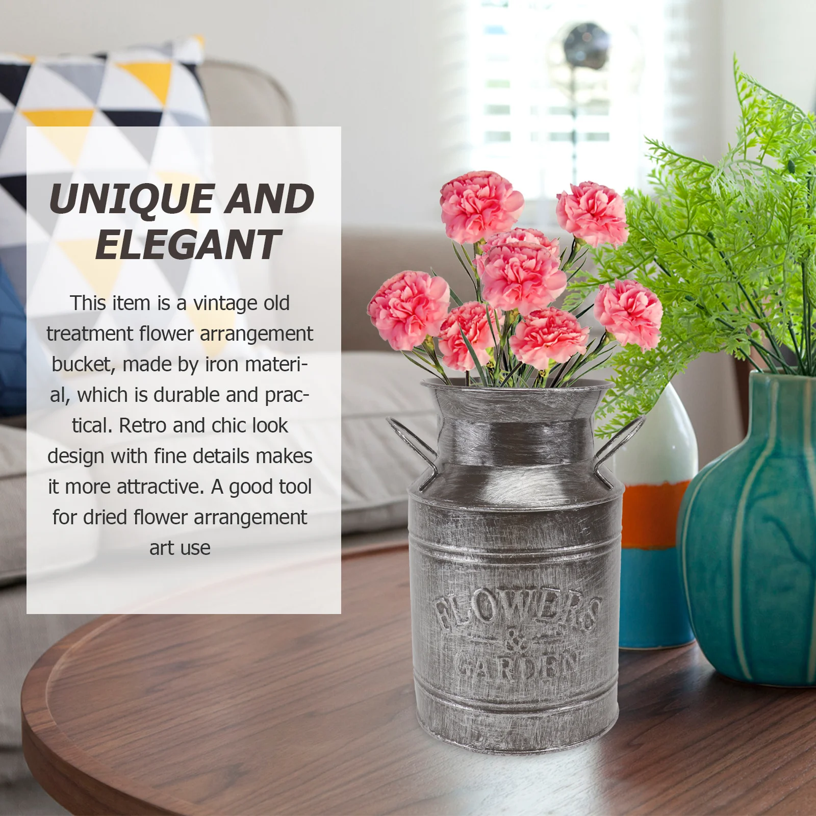

1pc Vintage Flower Bucket Iron Sheet Dried Flower Vase Retro Home Decor Arrangement Ware European Style Multi-Purpose Decorative